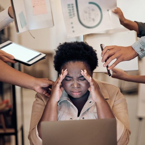 Stress, headache and multitask woman manager with anxiety, burnout and focus problem working in off.